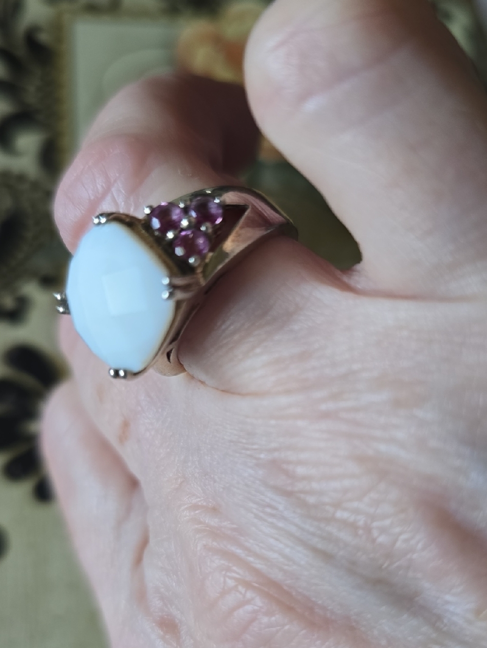 Stwrling Silver  White Opal Cabochon Ring with Pink Accent Stones